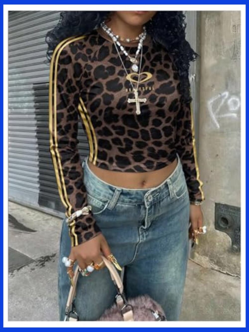 Y2K Leopard Print Long Sleeve Crop Top Crewneck Slim Fit Tee - Picture 4 of 4